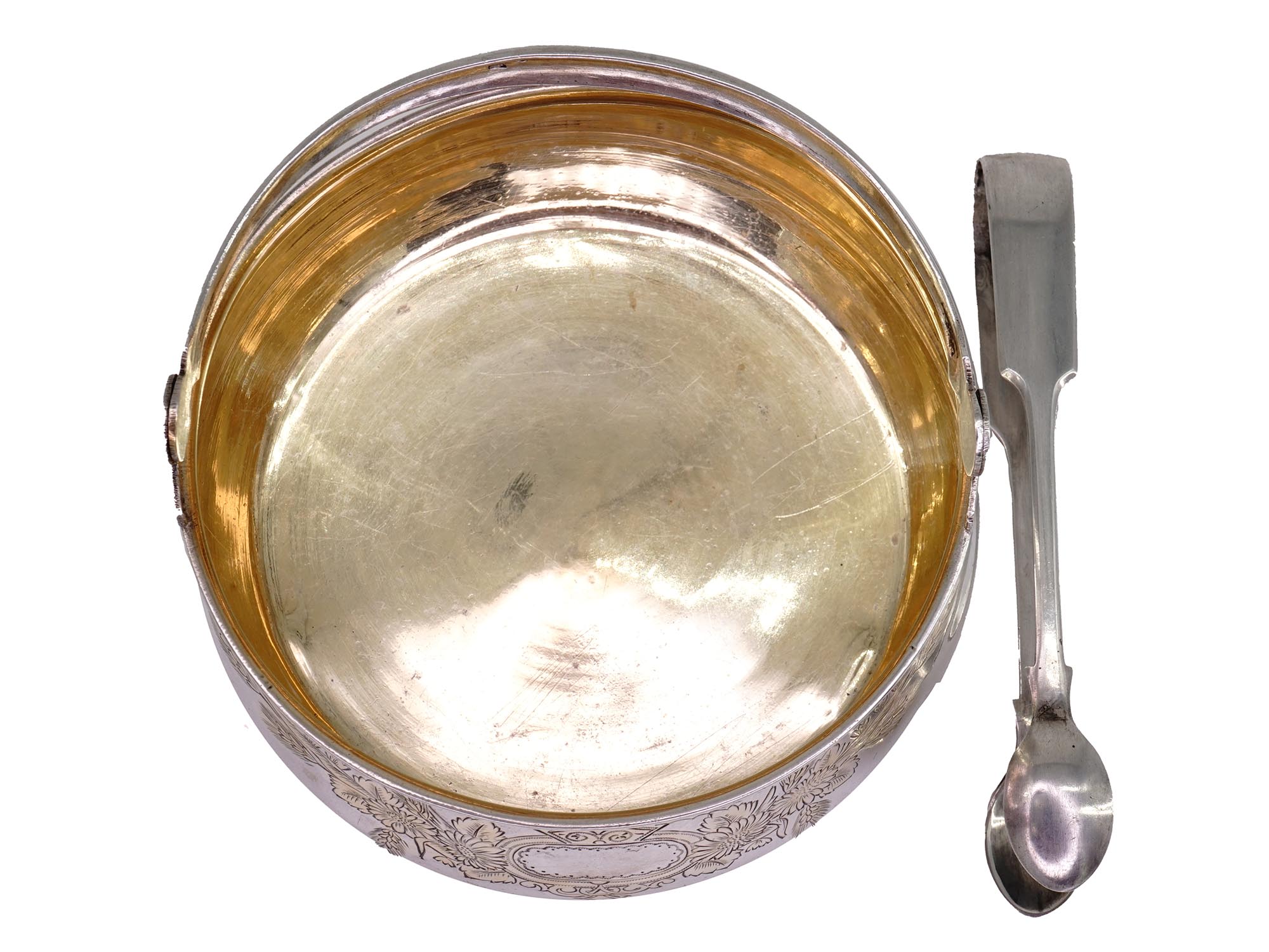 RUSSIAN GILT SILVER SUGAR BOWL WITH SILVER TONG PIC-1